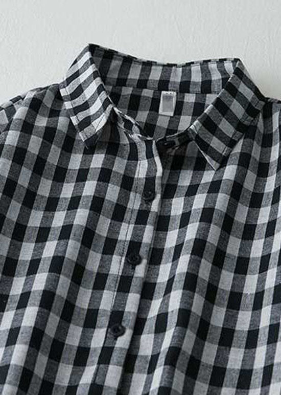 Stylish Black Peter Pan Collar Plaid Linen Shirts Dresses Summer