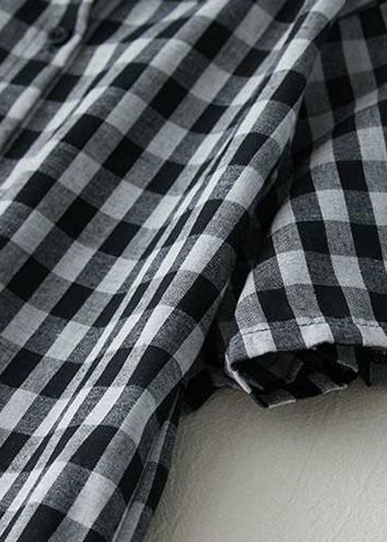 Stylish Black Peter Pan Collar Plaid Linen Shirts Dresses Summer