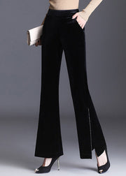 Stylish Black Pockets Side Open Patchwork High Waist Velour Pants Fall