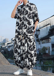 Stylish Black Print Button Ice Silk Mens Shirt And Lantern Pants Two Piece Set Short Sleeve