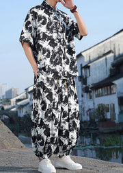 Stylish Black Print Button Ice Silk Mens Shirt And Lantern Pants Two Piece Set Short Sleeve