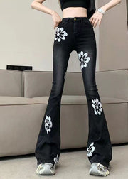 Stylish Black Print High Waist Flared Jeans Spring