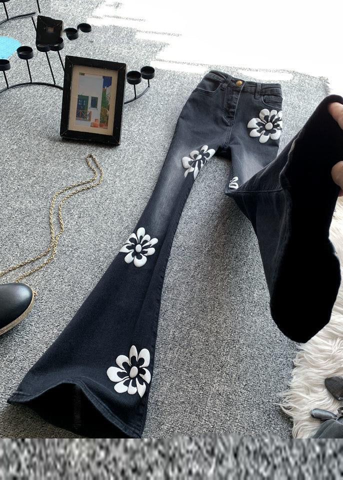 Stylish Black Print High Waist Flared Jeans Spring