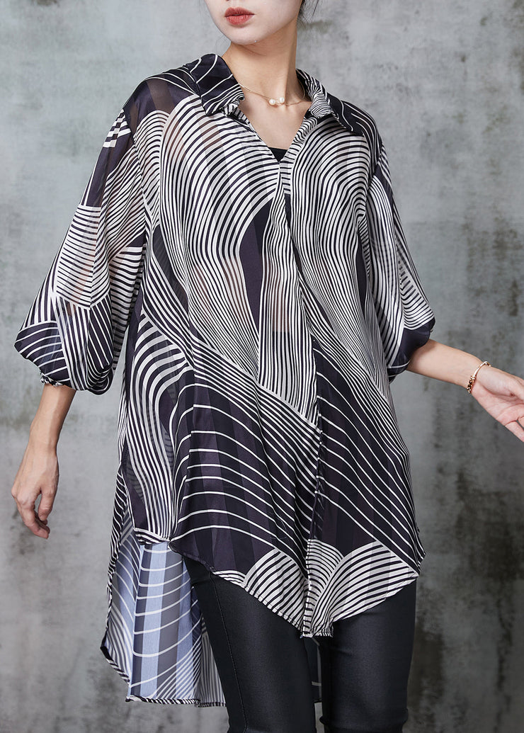 Stylish Black Print Low High Design Chiffon Long Shirts Spring