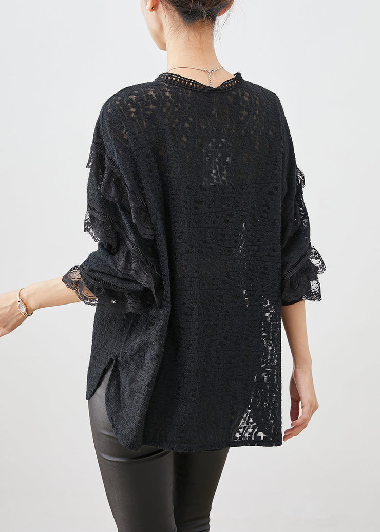 Stylish Black Ruffled Patchwork Lace Blouses Fall