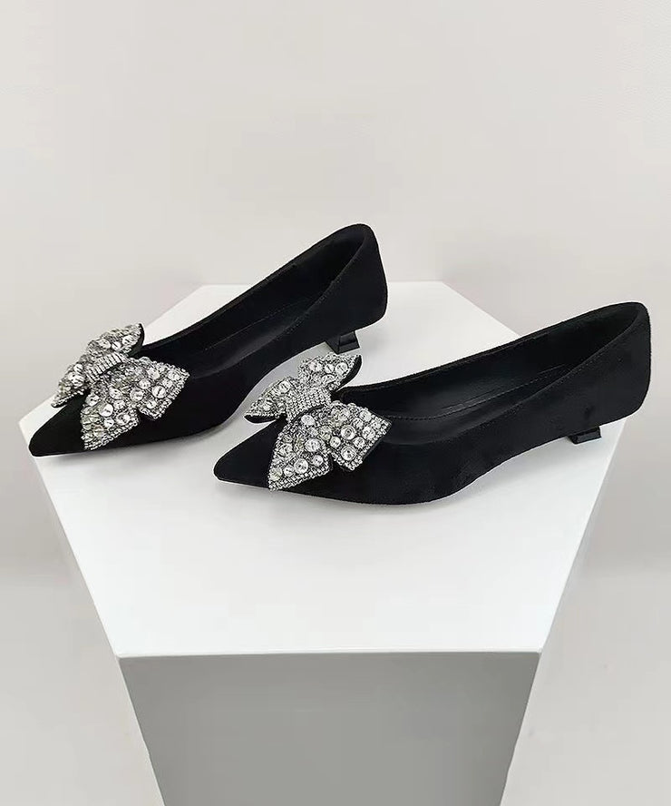 Stylish Black Suede Splicing Zircon Bow Kitten Shoes