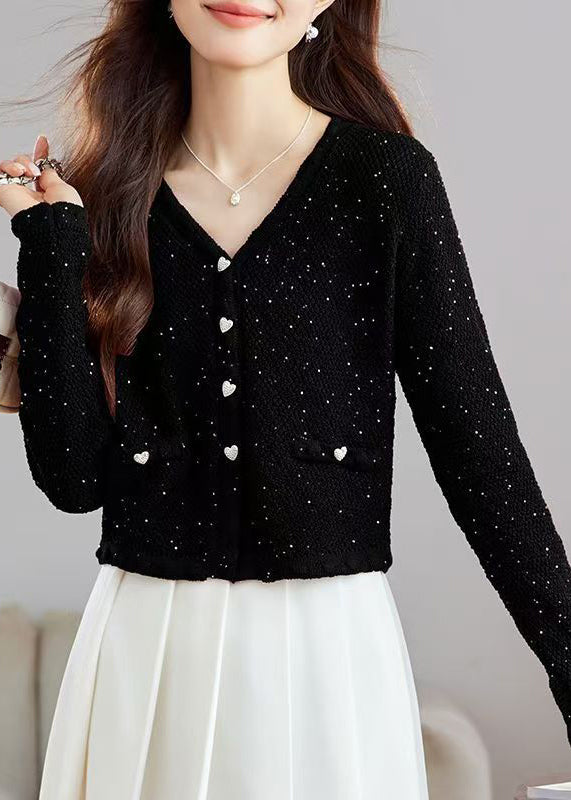 Stylish Black V Neck Button Sequins Wool Knit Cardigans Fall