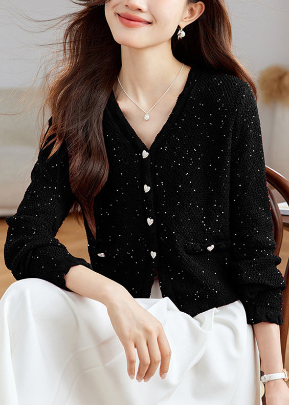 Stylish Black V Neck Button Sequins Wool Knit Cardigans Fall