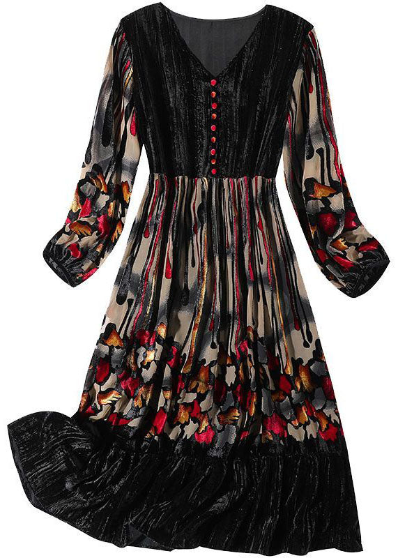 Stylish Black V Neck Patchwork Print Exra Large Hem Silk Velour Dress Spring