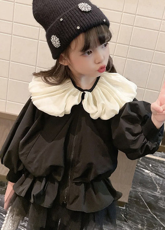 Stylish Black Wrinkled Tulle Patchwork Cotton Girls Coats Puff Sleeve