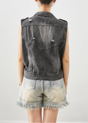 Stylish Black Zip Up Denim Ripped Vest Top Fall