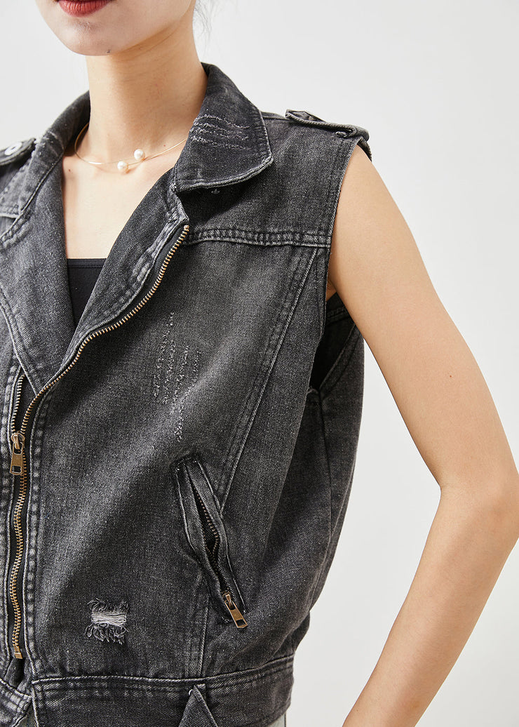 Stylish Black Zip Up Denim Ripped Vest Top Fall