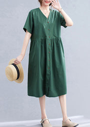 Stylish Blackish Green V Neck Button Pockets Cotton Long Dress Short Sleeve