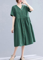 Stylish Blackish Green V Neck Button Pockets Cotton Long Dress Short Sleeve