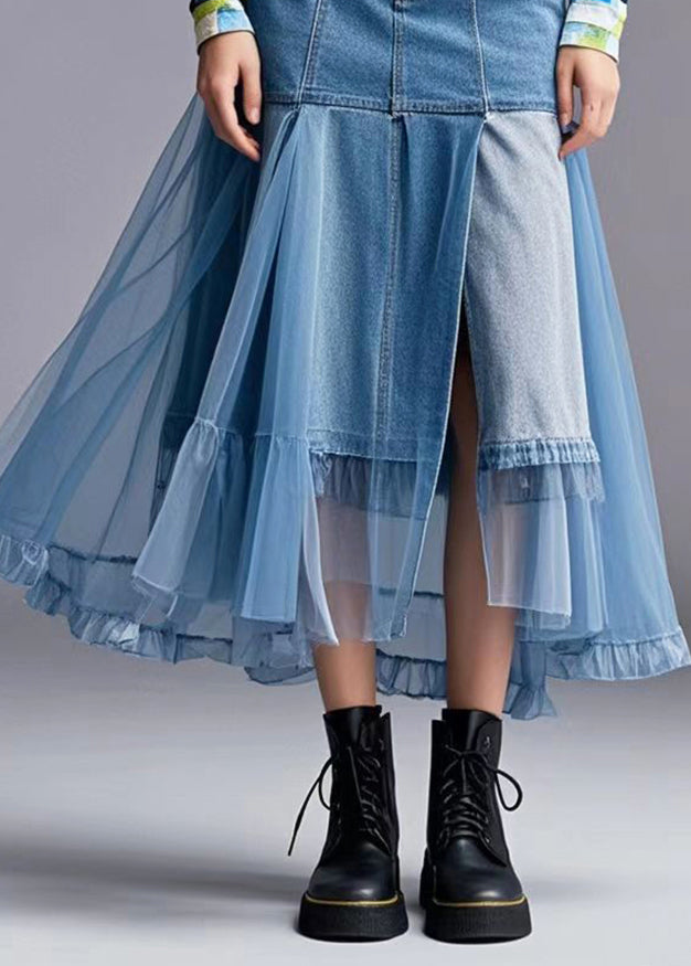 Stylish Blue Asymmetrical Patchwork Tulle Denim Skirt Spring