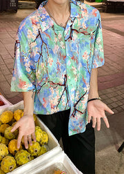 Stylish Blue Dotted Daisy Print Men Hawaiian Shirts Summer