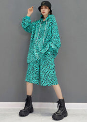 Stylish Blue Drawstring Hooded Leopard Print Cotton Two Pieces Set Long Sleeve