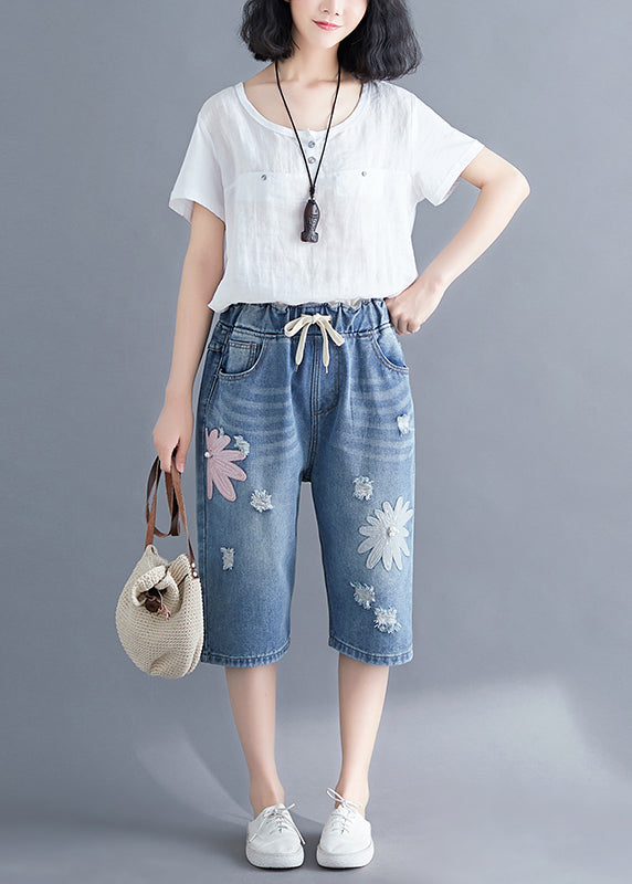 Stylish Blue Embroideried Denim Ripped Jeans Summer