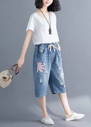 Stylish Blue Embroideried Denim Ripped Jeans Summer