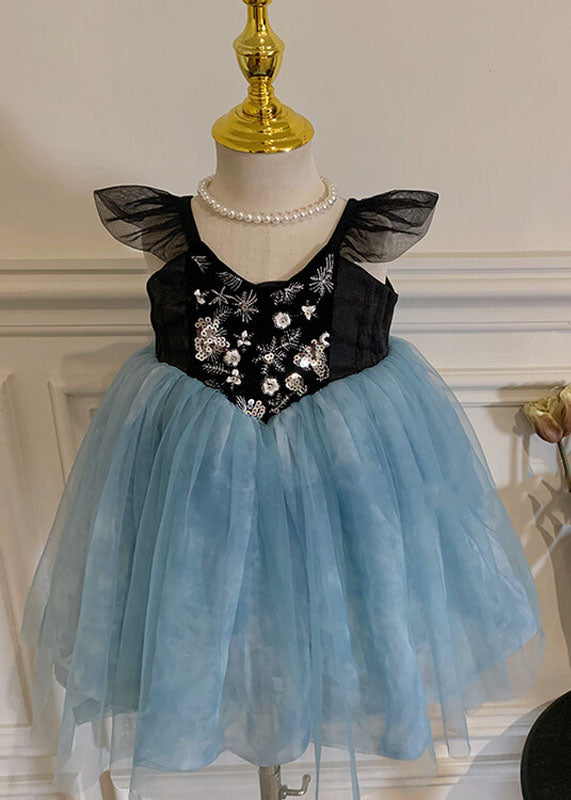 Stylish Blue Embroideried Wrinkled Patchwork Tulle Kids Girls Dress Sleeveless