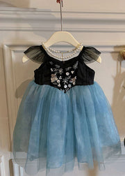 Stylish Blue Embroideried Wrinkled Patchwork Tulle Kids Girls Dress Sleeveless