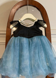 Stylish Blue Embroideried Wrinkled Patchwork Tulle Kids Girls Dress Sleeveless