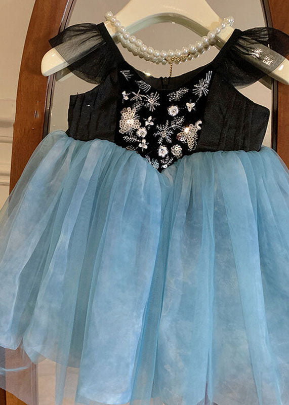 Stylish Blue Embroideried Wrinkled Patchwork Tulle Kids Girls Dress Sleeveless