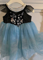 Stylish Blue Embroideried Wrinkled Patchwork Tulle Kids Girls Dress Sleeveless