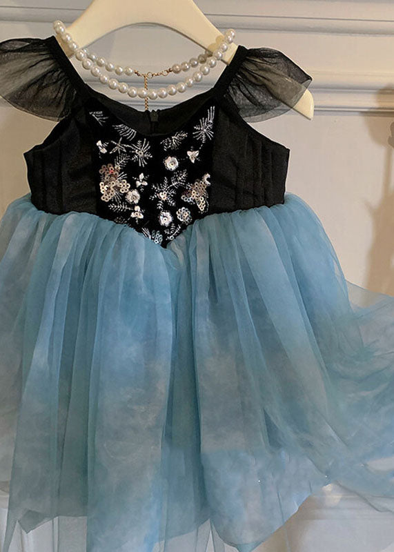 Stylish Blue Embroideried Wrinkled Patchwork Tulle Kids Girls Dress Sleeveless