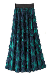 Stylish Blue Feather Tassel Elastic Waist Maxi Skirt Spring