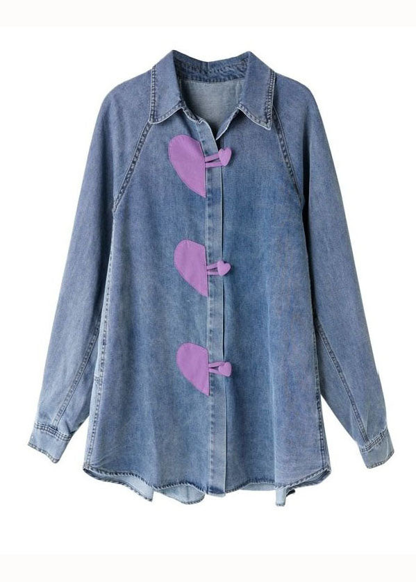 Stylish Blue Heart Button Patchwork Denim Shirts Tops Spring