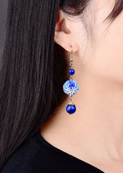 Stylish Blue Jade Floral Tassel Silver Drop Earrings