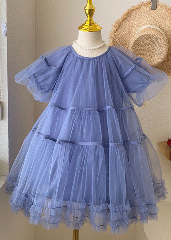 Stylish Blue O-Neck Ruffled Patchwork Tulle Kids Girls Dresses Summer