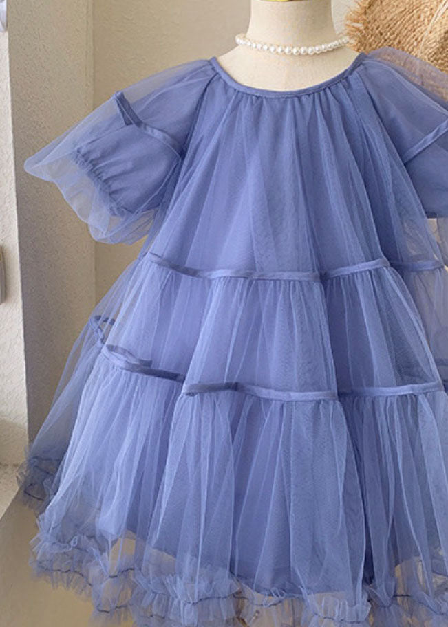 Stylish Blue O-Neck Ruffled Patchwork Tulle Kids Girls Dresses Summer