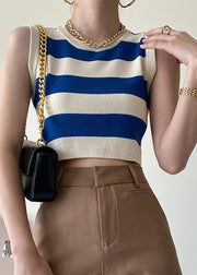 Stylish Blue O Neck Striped Knit Tank Sleeveless