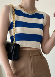 Stylish Blue O Neck Striped Knit Tank Sleeveless