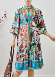 Stylish Blue Original Design Print Cotton Tea Dress Fall