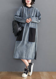 Stylish Blue Oversized Patchwork Pockets Cotton Denim Dresses Spring