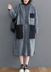 Stylish Blue Oversized Patchwork Pockets Cotton Denim Dresses Spring