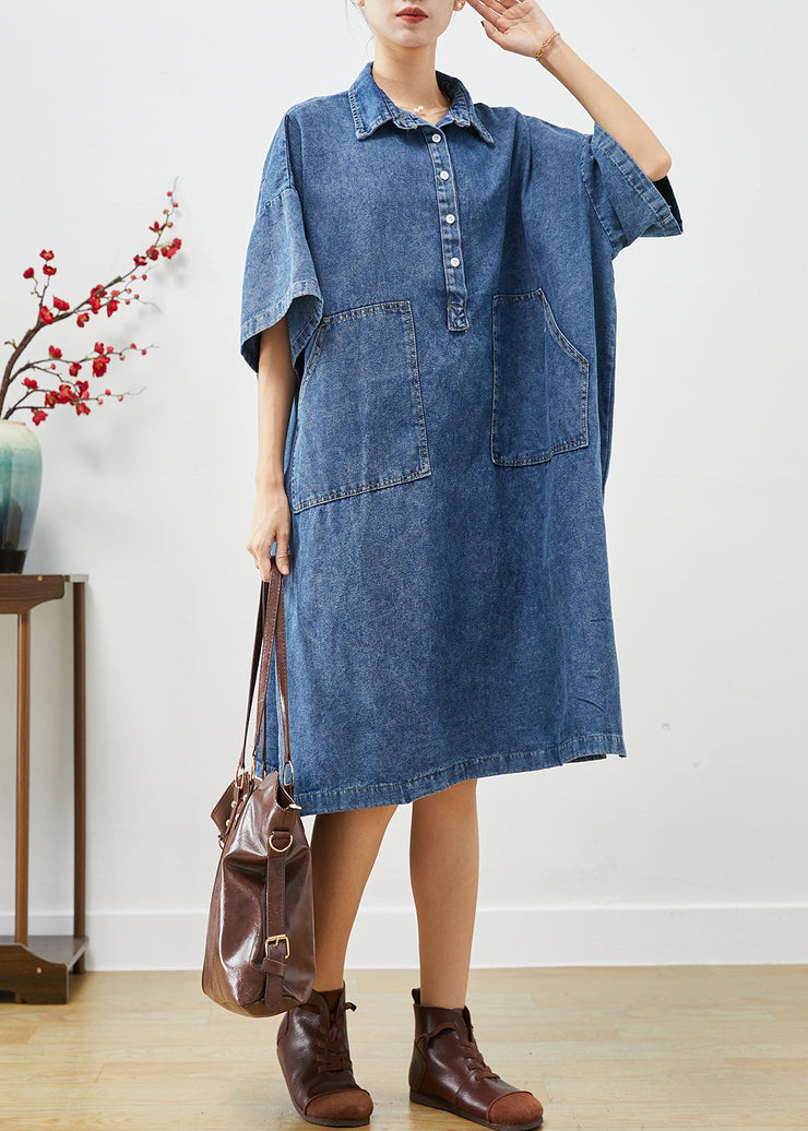 Stylish Blue Oversized Pockets Denim Holiday Dress Fall