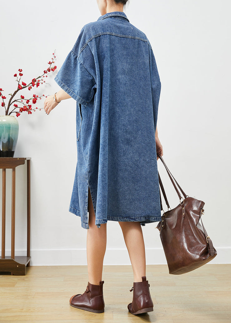 Stylish Blue Oversized Pockets Denim Holiday Dress Fall