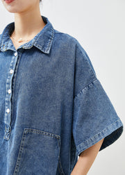 Stylish Blue Oversized Pockets Denim Holiday Dress Fall