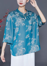 Stylish Blue Oversized Print Silk Shirt Top Bracelet Sleeve