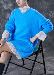 Stylish Blue Oversized Warm Mink Hair Knitted Dress Winter