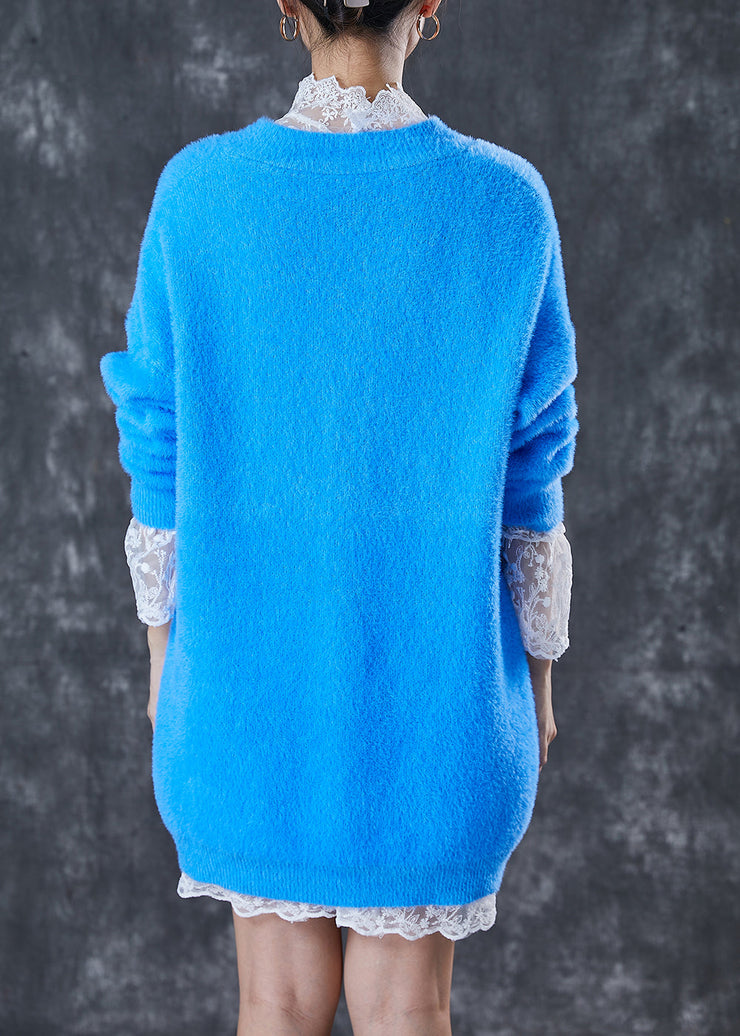 Stylish Blue Oversized Warm Mink Hair Knitted Dress Winter