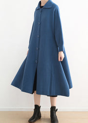 Stylish Blue Peter Pan Collar Button Side Open Wool Knit Coats Winter