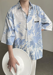 Stylish Blue Peter Pan Collar Button Tie Dye Mens Shirts Summer