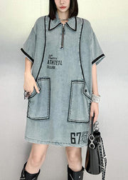 Stylish Blue Peter Pan Collar Graphic Denim Mid Dresses Summer