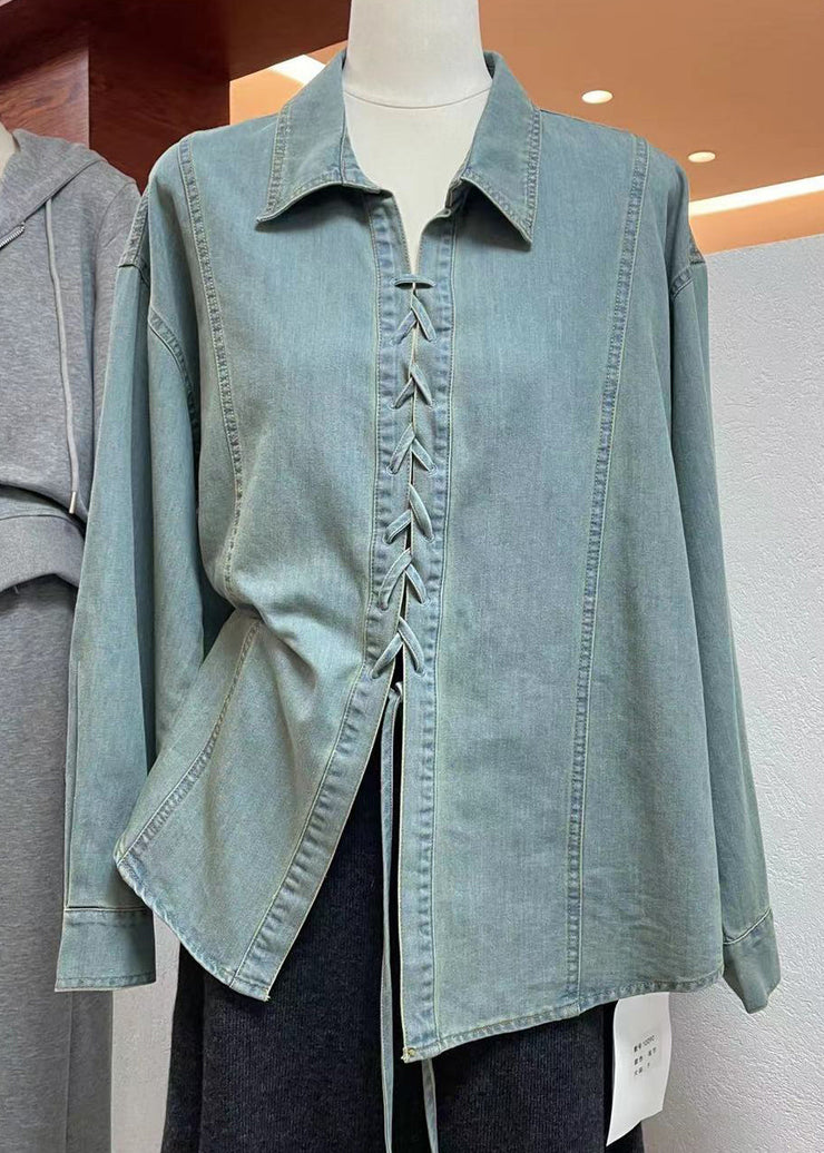 Stylish Blue Peter Pan Collar Lace Up Denim Shirts Spring