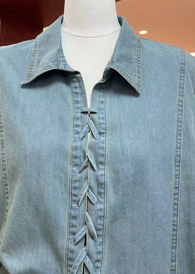 Stylish Blue Peter Pan Collar Lace Up Denim Shirts Spring